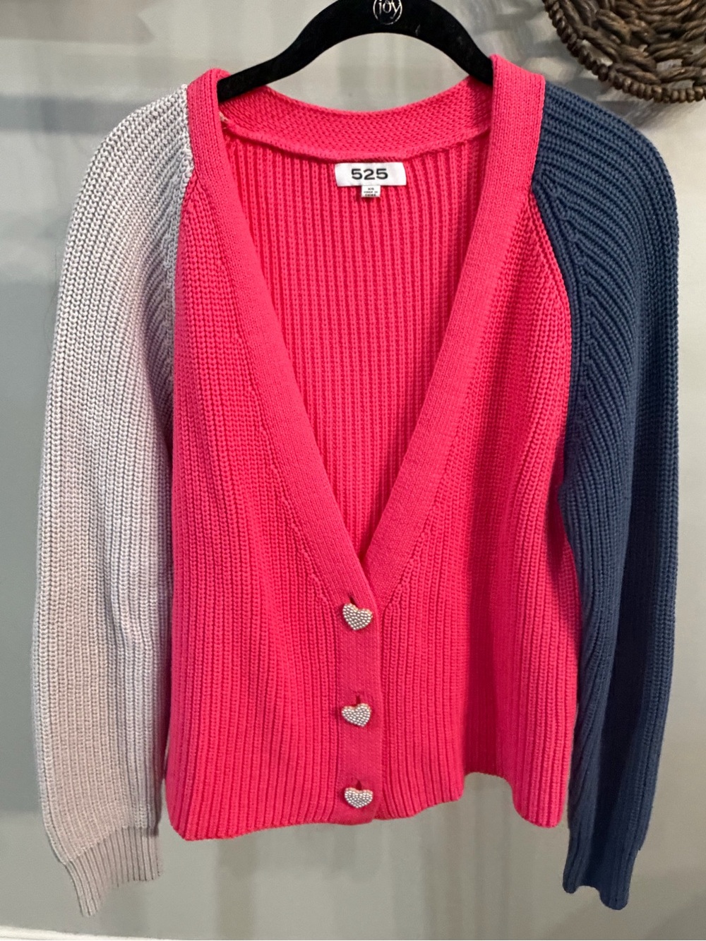 525 America Hot Pink Colorblock Cardigan w/ Contrast Sleeves & heart buttons-XS